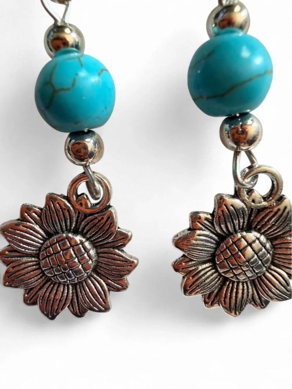 Handmade Turquoise & Silver Sunflower Dangle Drop Earrings OOAK